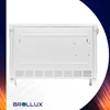 A white electric heater is shown from the back, with a logo and decorative elements on the background. Produktbild-Vorschau