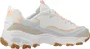A side view of a white Skechers D'Lites sneaker with peach and light blue accents. Produktbild-Vorschau