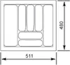 A top-down diagram of a cutlery organizer with dimensions indicated. Produktbild-Vorschau