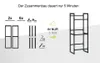 An illustration showing the assembly components and the final assembled product of a metal shelving unit. Produktbild-Vorschau