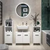 A modern bathroom with a sink, cabinets, mirror, and bathtub. Voir les images du produit
