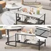 A collage of two images showing a set of nesting coffee tables with a marble pattern and black metal frames, displayed in a living room setting. Voir les images du produit