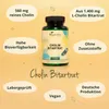 A product shot of a bottle of Vegavero Cholin Bitartrat supplements, surrounded by marketing text bubbles highlighting its features. Produktbild-Vorschau