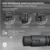 Marketing image showing different connection valve options and features of a radiator valve. Produktbild-Vorschau