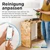 A person is holding a smartphone displaying a cleaning app, with a console table and a vacuum cleaner in the background. Produktbild-Vorschau