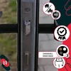 A close-up of a door lock mechanism with marketing icons and text overlaid. Produktbild-Vorschau