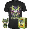 A black t-shirt with a graphic of Perfect Cell from Dragon Ball Z, a Funko Pop figure of Perfect Cell, and its packaging. Podgląd zdjęcia produktu