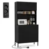A black kitchen cabinet with shelves, a microwave, and various kitchen items, next to a black electrical outlet. Náhled obrázku produktu