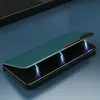A teal flip cover case is shown on a smartphone with a dark blue background. The screen of the phone displays a lightning bolt graphic. Produktbild-Vorschau