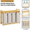 A multi-compartment laundry basket with a bamboo frame and fabric bins, shown with inset images highlighting its structure and features. Anteprima dell’immagine prodotto