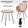 A rattan bistro set with a round glass-topped table and a chair, with a close-up of the table leg adjustment. Podgląd zdjęcia produktu