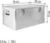 A silver aluminum storage box with dimensions indicated. Voir les images du produit