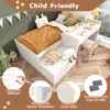 A child's bedroom with a bed and desk combination, featuring various safety features highlighted. Produktbild-Vorschau