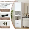 A white tall cabinet with drawers and shelves, featuring close-up insets highlighting its features. Produktbild-Vorschau