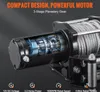 Close-up view of a winch motor with cutaway showing internal gears and motor components, with feature callouts at the bottom. Náhled obrázku produktu