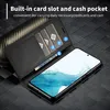 A black leather wallet-style phone case is open, showing card slots and a phone screen. Produktbild-Vorschau