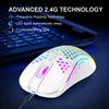 A white gaming mouse with colorful LED lights is placed on a dark surface in front of a blurred laptop keyboard. Produktbild-Vorschau