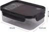 A clear, well-lit studio shot of a rectangular food storage container with a black lid and transparent base, placed on a white background. Dimensions are indicated with measurement lines and text. Produktbild-Vorschau