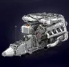 A detailed model of a V8 Biturbo motor, constructed from building blocks, is displayed against a dark blue background. Produktbild-Vorschau