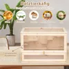 A wooden hamster cage with multiple levels and transparent acrylic windows, surrounded by decorative elements and images of small animals. Náhľad obrázku produktu
