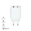 A white dual-port USB charger with icons and text describing its features. Produktbild-Vorschau