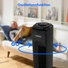 A person is relaxing on a couch reading a book while a black tower fan oscillates in the foreground. Produktbild-Vorschau