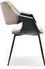 A side view of a modern armchair with a beige upholstered seat and back, and black armrests and legs. Podgląd zdjęcia produktu