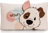 A close-up of a plush pillow featuring a cartoon dog with the word "WOOF!" in a speech bubble. Produktbild-Vorschau