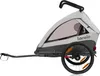 A side view of a gray and white child trailer for bicycles, shown on a white background. Produktbild-Vorschau