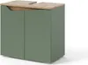 A green vanity cabinet with a wood-tone countertop, shown from a three-quarter angle against a white background. Voir les images du produit
