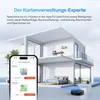 A modern house with a robot vacuum cleaner on the floor and a smartphone displaying a map management app. Produktbild-Vorschau