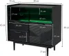 A black sideboard with green LED lighting, showing dimensions. Produktbild-Vorschau