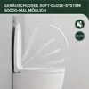 A toilet seat is shown in a partially open position, demonstrating its soft-close feature. Icons and text highlight its features. Produktbild-Vorschau