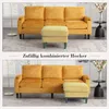 A collage of two images showing a yellow sofa with a matching ottoman, presented in different configurations. Náhled obrázku produktu