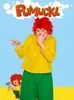A person dressed as Pumuckl, with a cartoon Pumuckl illustration in the background. Produktbild-Vorschau