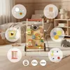 A wooden baby walker with various activity features is placed in a child's bedroom, with illustrative circles highlighting specific toy components. Produktbild-Vorschau