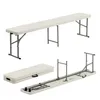 A white folding bench shown in three different configurations: fully assembled, folded, and partially disassembled. Produktbild-Vorschau