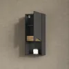 A wall-mounted bathroom cabinet with a door and open shelves, against a textured gray wall. Produktbild-Vorschau