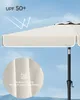 A close-up of a beige umbrella with a black pole, set against a light blue sky with some clouds. There are graphical elements and text indicating product features. Produktbild-Vorschau