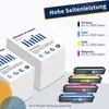 A marketing image showing stacks of paper and toner cartridges, with text indicating high page yield. Produktbild-Vorschau