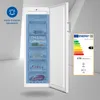 A white upright freezer with its door open, displaying its interior compartments and an energy efficiency label. Produktbild-Vorschau