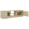 A long, low TV stand with open compartments and two doors, one open. Náhled obrázku produktu