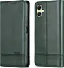 A dark green flip case for a smartphone is shown from two angles, open and closed. Produktbild-Vorschau
