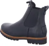 A black leather boot with a thick sole and fur lining. Voir les images du produit