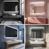 Collage of four different bathroom vanity mirror setups with integrated LED lighting. Produktbild-Vorschau