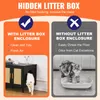 A split image comparing a litter box enclosure with a litter box without an enclosure, featuring cats and text highlighting benefits. Produktbild-Vorschau