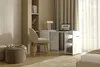 A modern home office setup with a white desk, chair, and shelving unit. Podgląd zdjęcia produktu