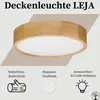 A round wooden ceiling light with a white diffuser, presented with descriptive text and icons. Produktbild-Vorschau
