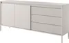 A beige sideboard with a fluted front and three drawers is shown against a white background. Produktbild-Vorschau