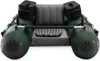 A green inflatable fishing tube boat with gray seating and black storage bags on a white background. Podgląd zdjęcia produktu